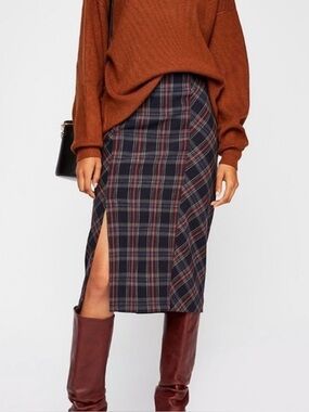 Free People Women’s Wellington Tartan Plaid Pencil Skirt Navy Front Slit Size 0
